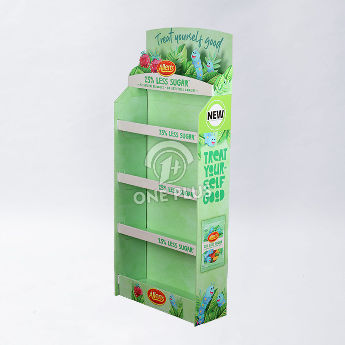 定制纸板落地展示架 用于糖果/零食食品陈列 |四层促销展示架配塑料夹