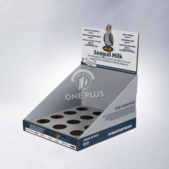 定制纸板柜台展示盒，适用于防晒霜|化妆品展示与POP展示解决方案。