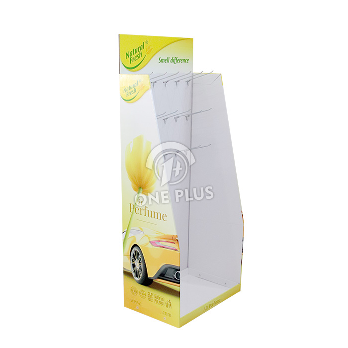 定制纸板挂钩板展示地架，用于汽车香薰零售的挂钩展示解决方案。