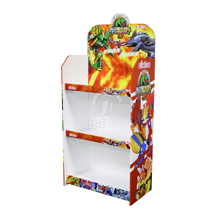 Présentoir de sol en carton 3 niveaux pour jouets | Support POP à hauteur d'enfant avec attaches plastiques