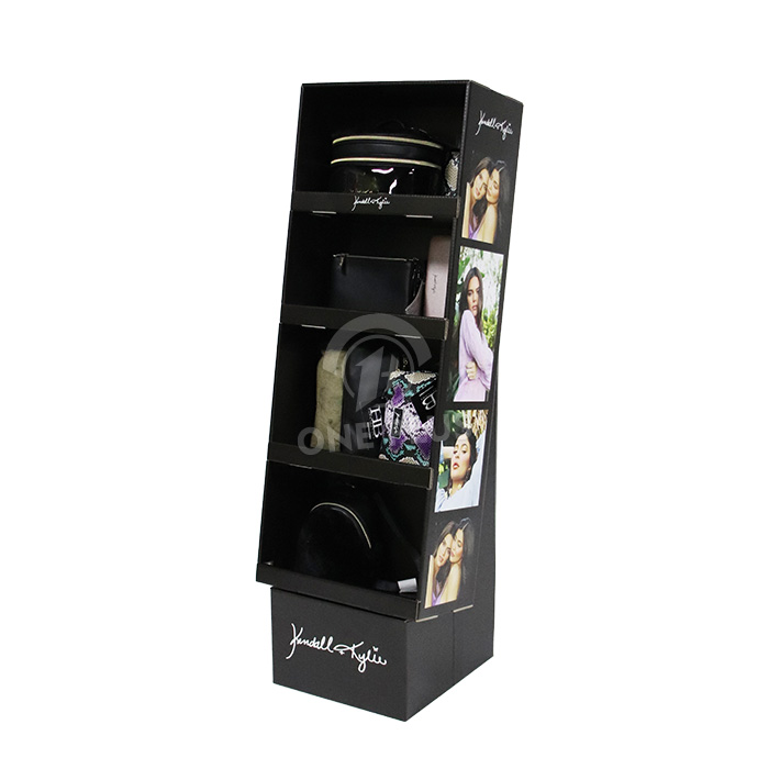 Présentoir de sol en carton pour sacs à main | Présentoir de vente au détail à 4 niveaux incliné