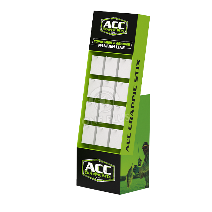 Schuine kartonnen vloerpresentatie met 3×4 haken | 12-hook POP-standaard voor snacks.