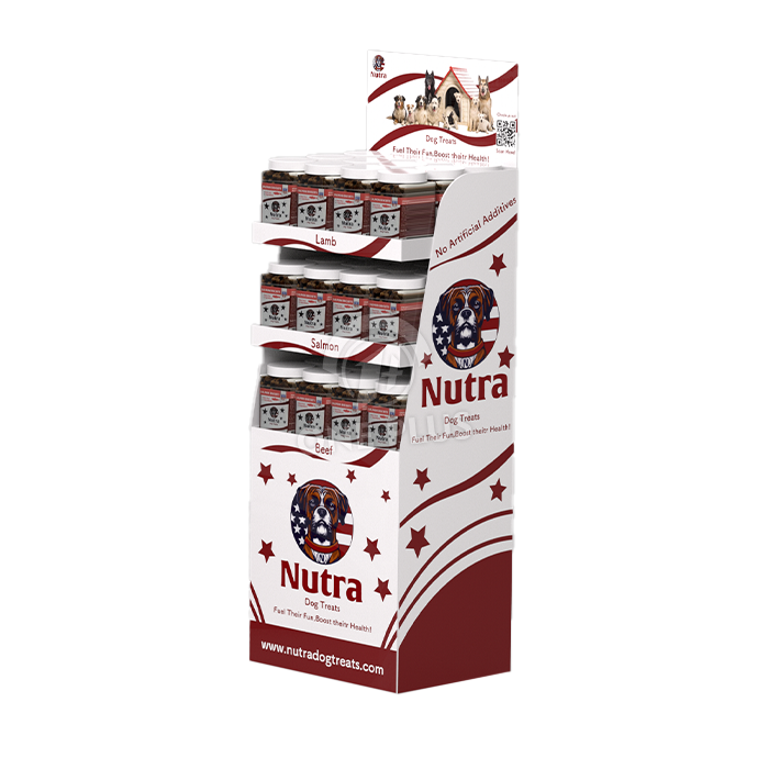 Трехъярусная напольная картонная стойка в чистом и свежем дизайне для корма для домашних животных. Индивидуальная стойка для лакомств для собак.