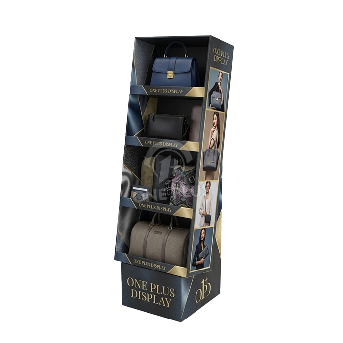 Cardboard Display Floor Rack for Handbags/Purses | 4-Tier Slanted Retail Bag Display Stand