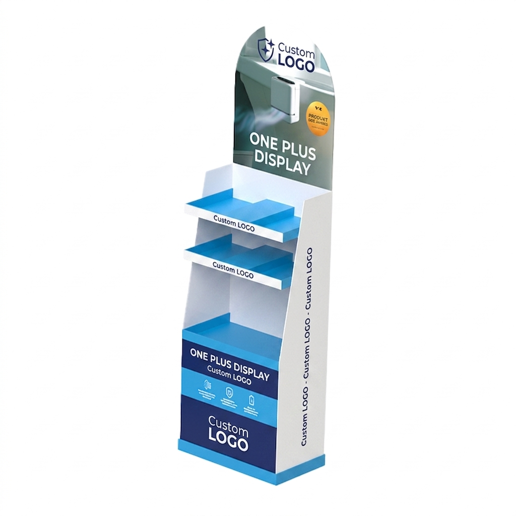 Expositor de Piso de 3 Níveis em Cartão para Humidificadores/Ambientadores de Ar, Prateleira Híbrida | com Espaços para Garrafas.