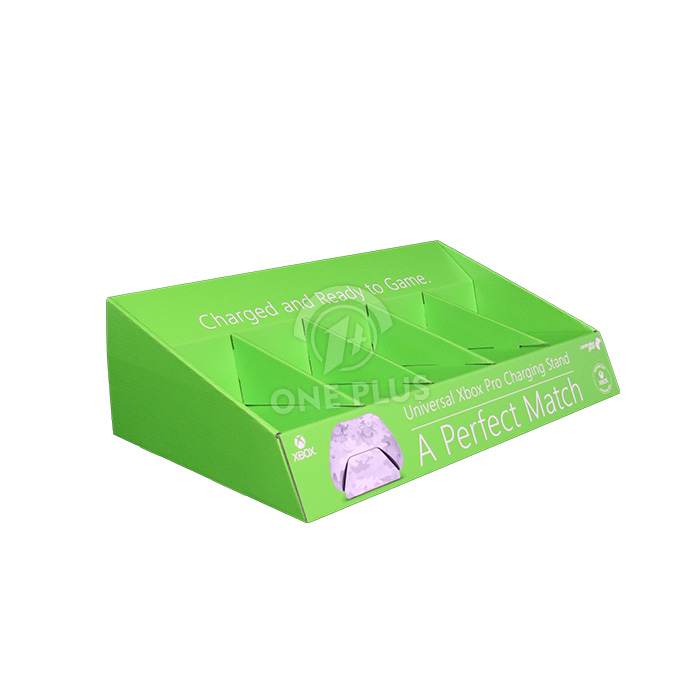 Cardboard Display Counter Tray with Dividers | Green Xbox Gaming Accessory Rack