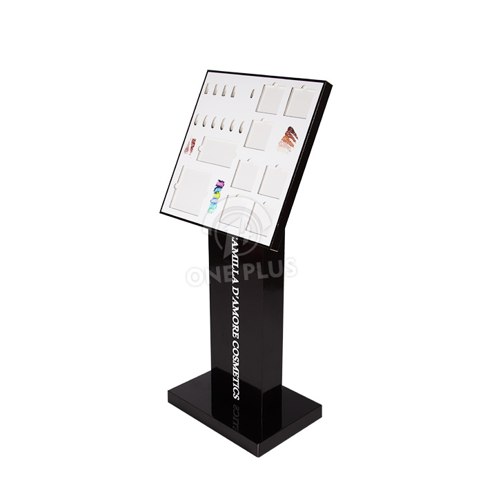 Exhibición de cartón Podio personalizado | Soporte de piso inclinado para cosméticos con recortes