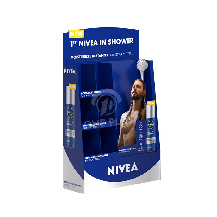 Cardboard Display Nivea Men Floor Stand | 3-Tier Skincare Rack with Large Ad Panel