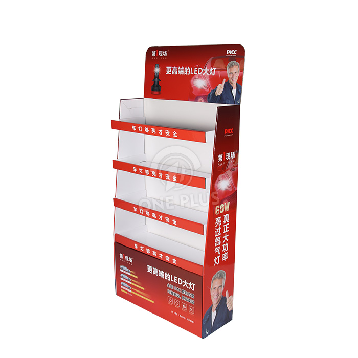 Custom Cardboard Display Floor Stand | 4-Tier Automotive LED Headlight Rack with Plastic Clips