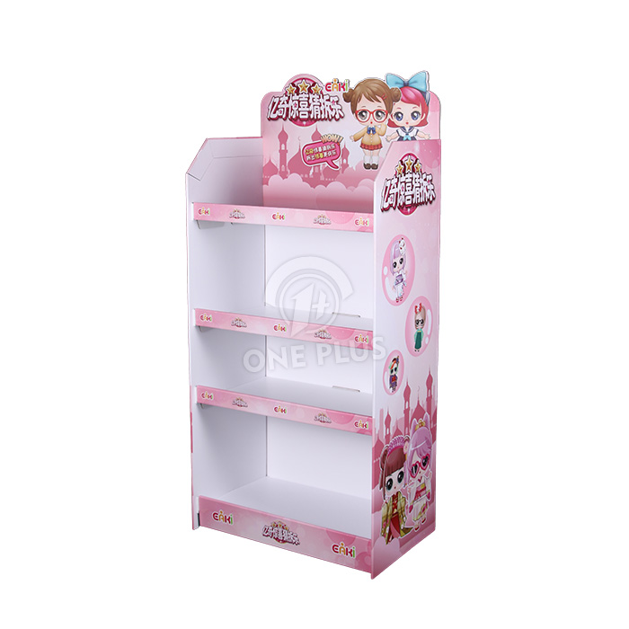 Custom Cardboard Display Floor Stand | 4-Tier Blind Box Toy Rack with Plastic Clips