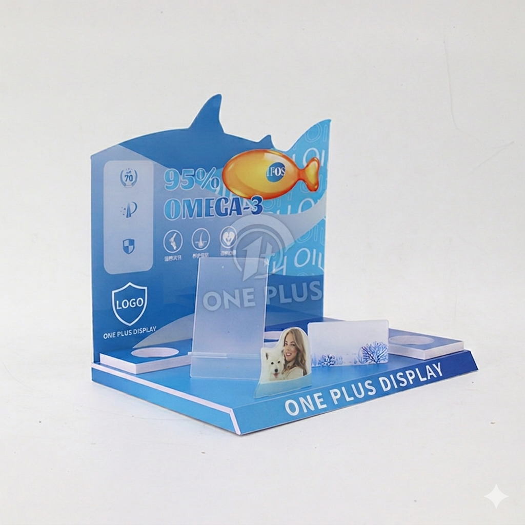 Personnaliser l'unité de comptoir en PVC pour présentoir POP | Nutrition animale et huile de poisson PDQ de bureau