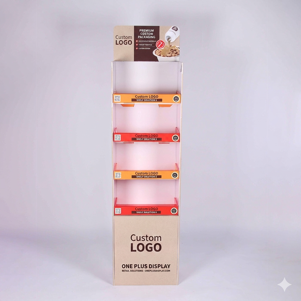 Présentoir en carton personnalisé sur pied, |, 4 niveaux, étagère renforcée pour nourriture pour animaux avec barres métalliques