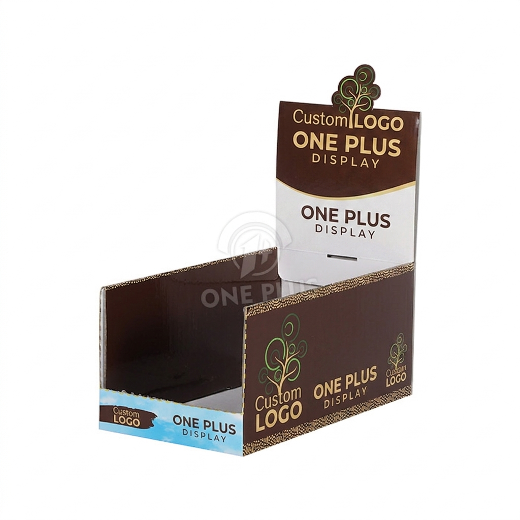 Convertible cardboard counter box with pop-up header for snack display