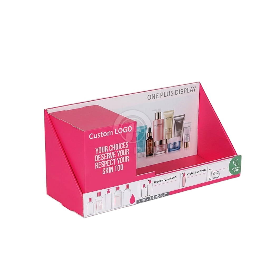 Expositor de cartón personalizado para Bioderma | Bandeja PDQ rosa para el cuidado de la piel con bloque promocional