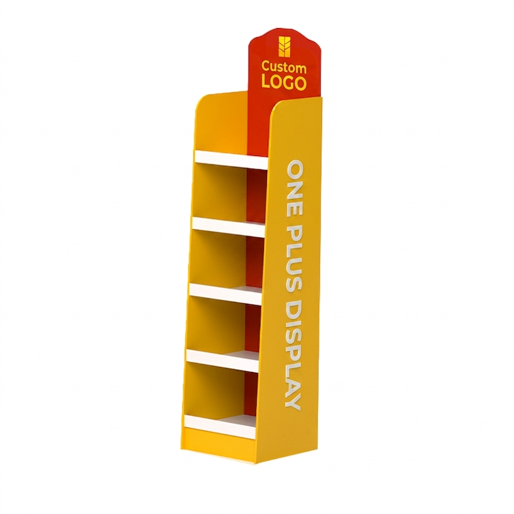 Suporte de Exposição em PVC de 5 Níveis | para Exposição de Alimentos no Chão com Letras Laterais 3D.