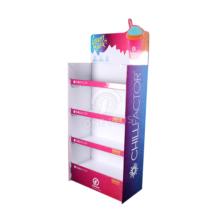 定制纸板展示落地架 | 4层杯子和冰沙机架，带易夹式搁板