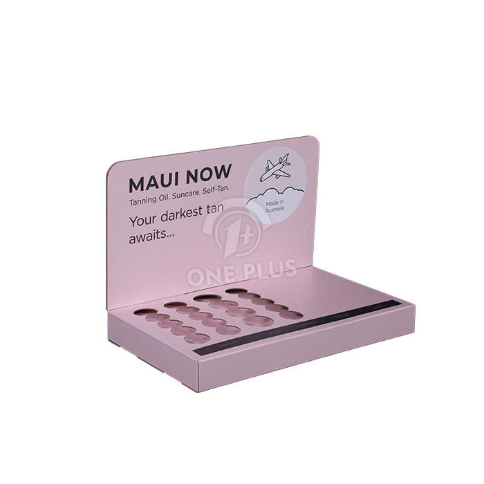 Personnaliser le présentoir de comptoir rose POP pour flacons de soins de la peau | avec découpes latérales gauches