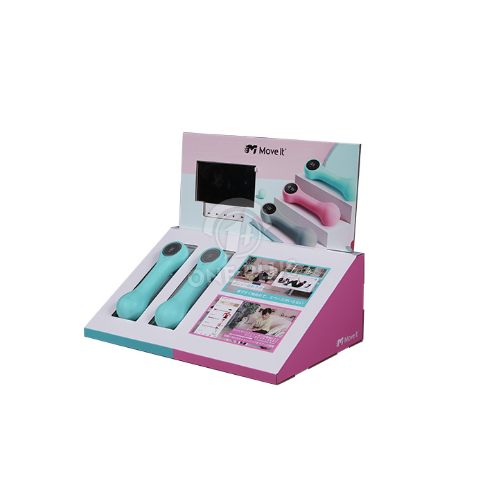 定制纸板展示柜台单元 | 智能哑铃互动视频屏幕支架