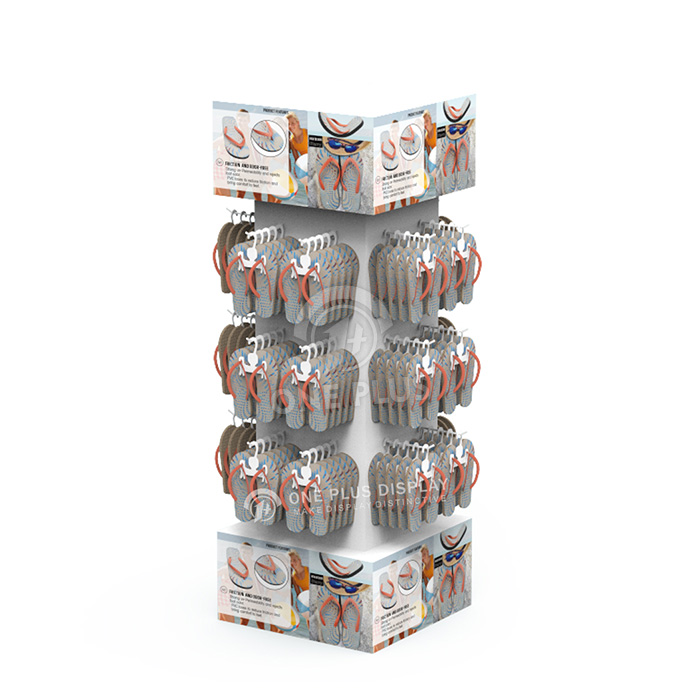 定制纸板展示 | 四面柱落地展示架，带挂钩，适用于拖鞋