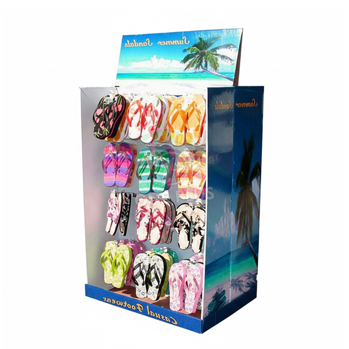 定制纸板展示双面挂钩落地展示架，适用于鞋子和人字拖