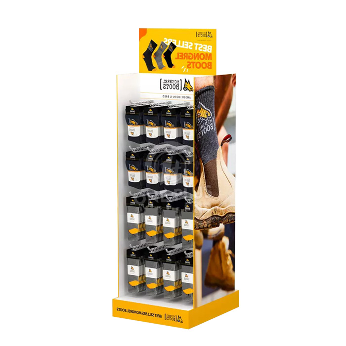 定制纸板展示架 | 双面挂钩落地展示架，适用于袜子和服装