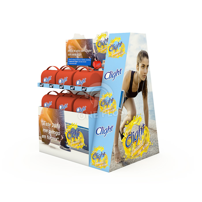 定制纸板展示架 | 双面托盘展示架，适用于运动包和装备