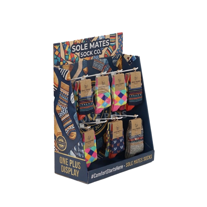 Custom cardboard countertop hook tray with carded socks and a printed header