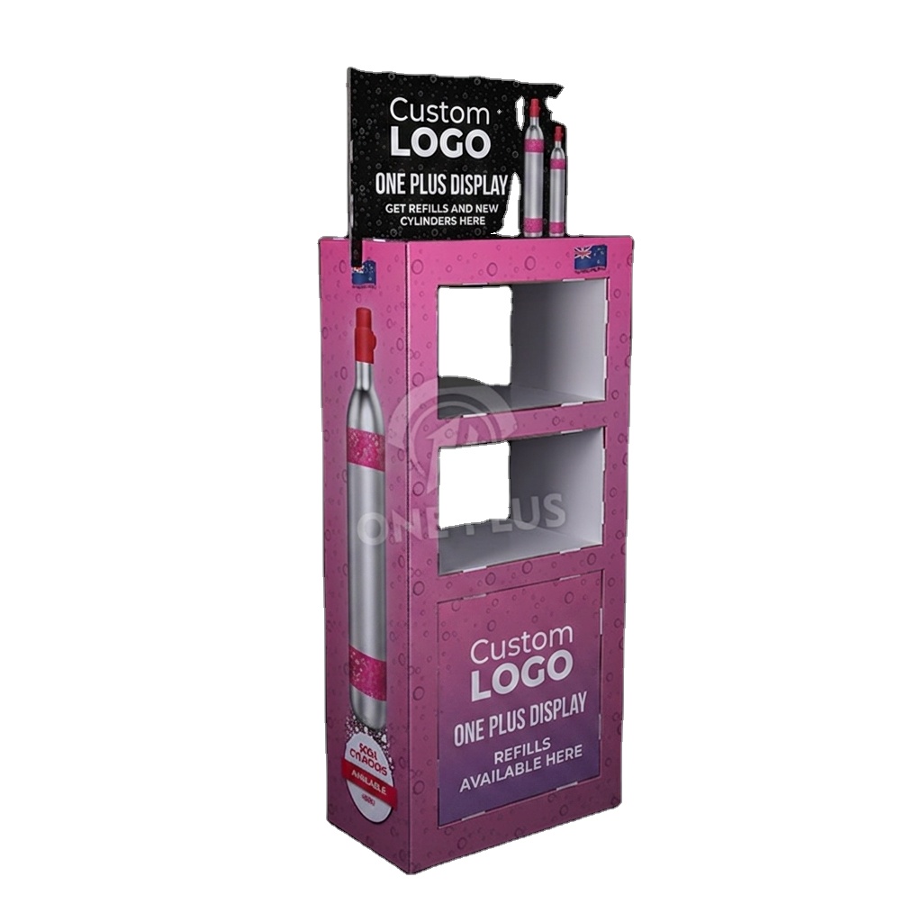 Robuste Karton-Display | 3-stufige doppelseitige BODEN-DISPLAY für Sprudelwasserbereiter