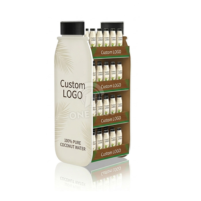 创意瓶子形状定制纸板展示架 | 4层重型落地展示架，适用于椰子水 SKU-202604031454