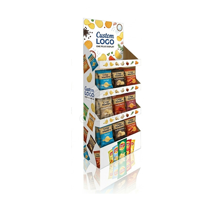 4层定制纸板展示架，用于薯片和零食| 高可见度落地展示架 SKU-202604071006