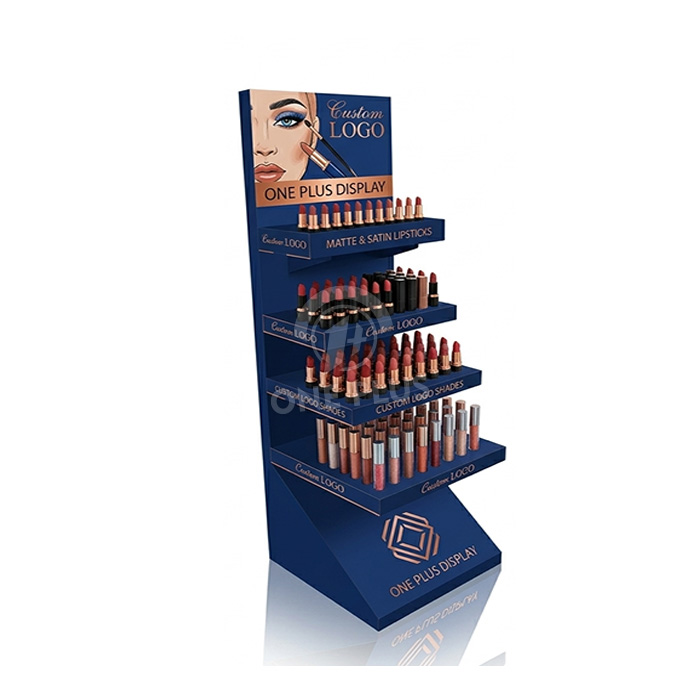 奢华四层定制纸板展示架，适用于口红和唇釉 | 海军蓝 高影响力零售地板展示架 SKU-202604090924