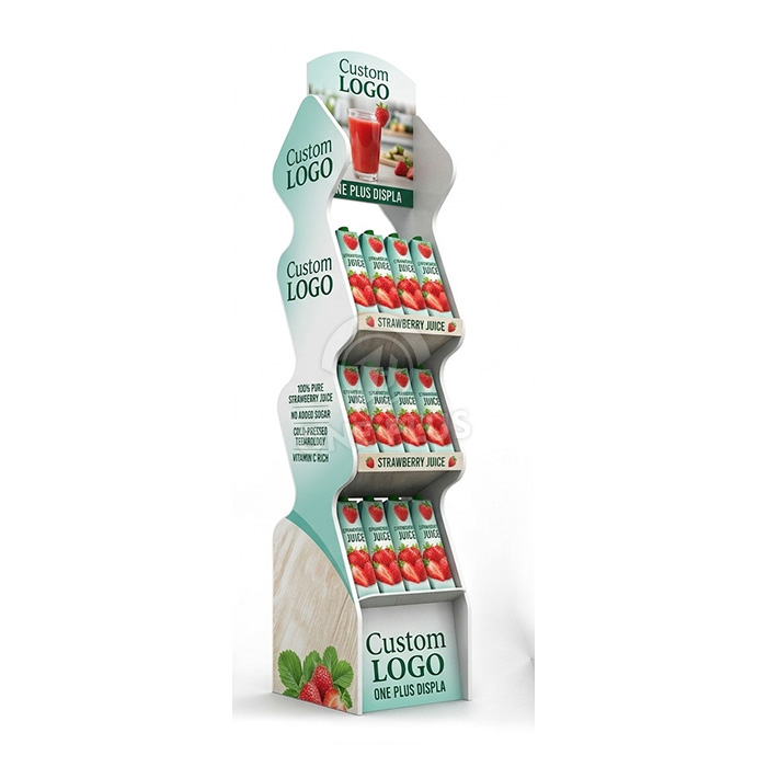 Espositore da terra personalizzato in cartone a onde premium a 3 ripiani per succo di fragola e bevande | Espositore da terra retail di grande impatto SKU-202604100943