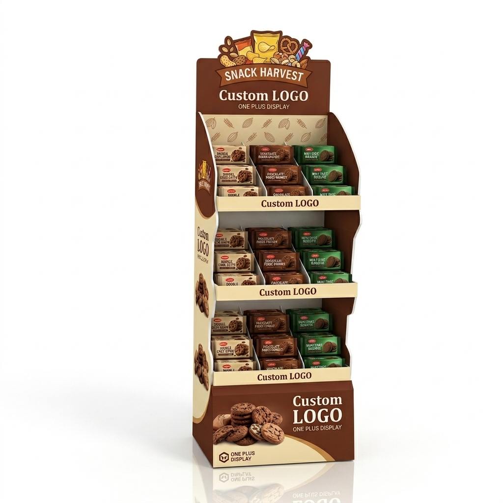 Premium 3-Tier Custom Cardboard Floor Display for Biscuits & Snacks | High-Impact Retail FLOOR DISPLAY SKU-202604111005