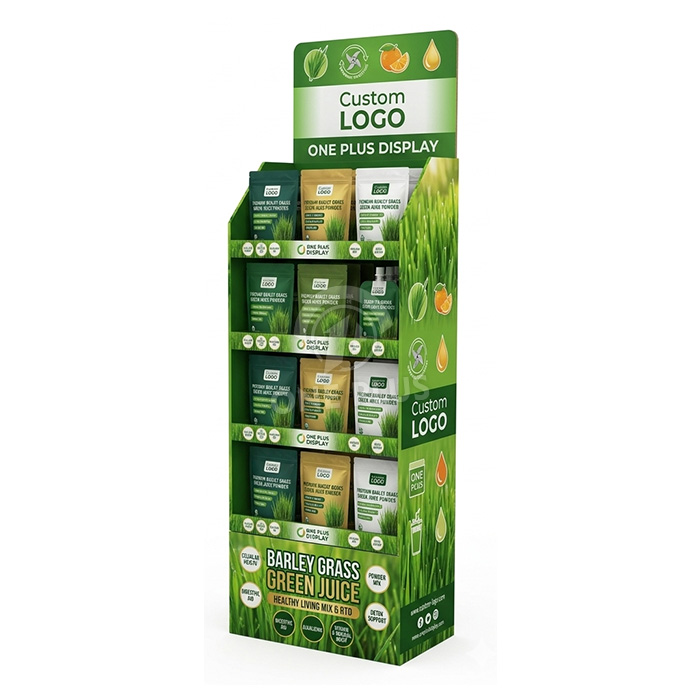 Eco-Friendly 4-Tier Custom Cardboard Floor Display for Green Juice & Supplements | Durable Retail FLOOR DISPLAY SKU-202604111402