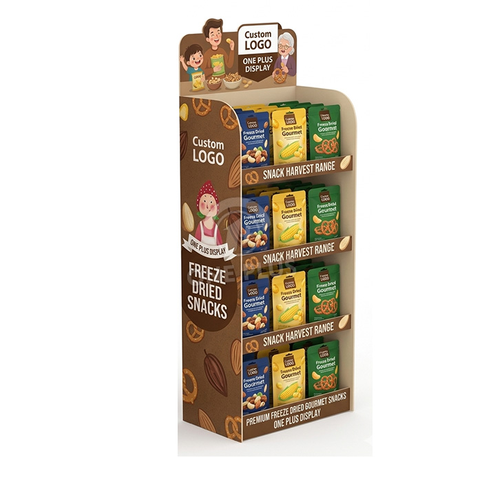 4层定制纸板落地展示架，适用于袋装膨化零食和冻干食品 | 高级零售 落地展示架 SKU-202604131508