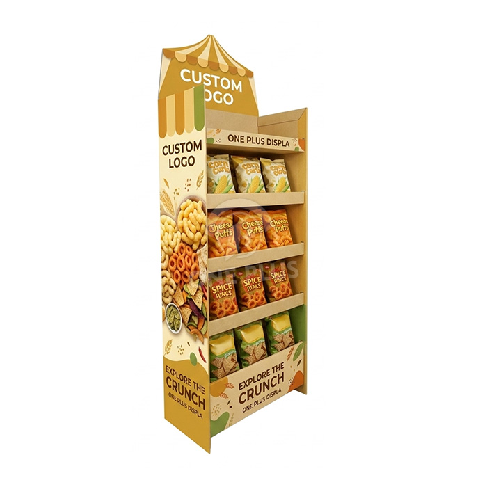 5-Tier Custom Cardboard Floor Display voor gepofte maïssnacks en hartige snacks | Interactieve Retail FLOOR DISPLAY SKU-202604151055