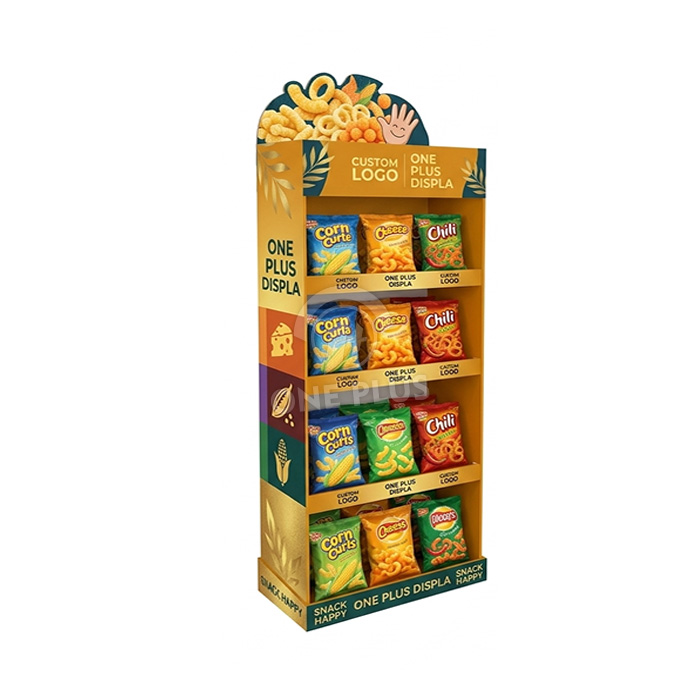 Exhibición de piso de cartón personalizada de 4 niveles para rizos de maíz y bocadillos salados | “Snack Happy” Exhibición de piso minorista SKU-202604151512
