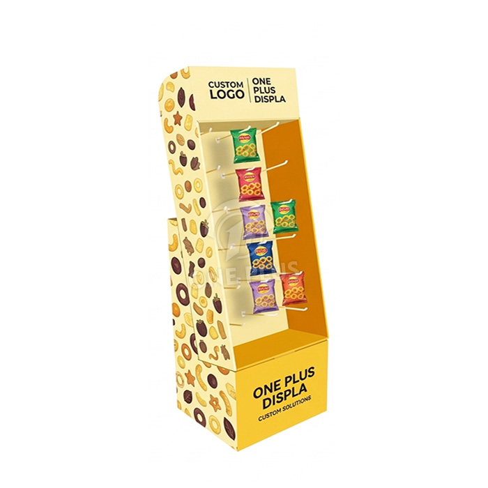 Exhibición de gancho de piso de cartón personalizado para bocadillos inflados y golosinas colgantes | Exhibición de piso minorista de alta visibilidad amarilla SKU-202604151542