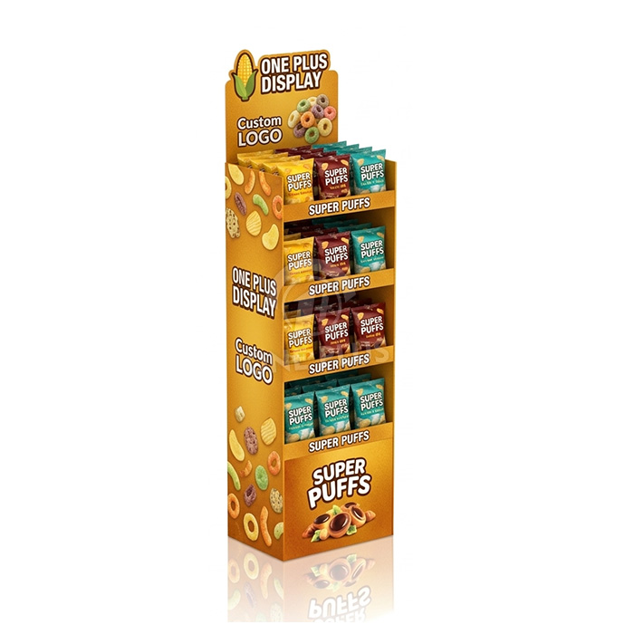 4-Tier Custom Cardboard Floor Display for Savory Puffed Snacks & Corn Curls | Professional Retail FLOOR DISPLAY SKU-202604161701