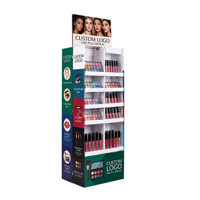 双面5层定制纸板落地展示架，用于眼影和口红| 专业化妆品零售落地展示架 SKU-202604171711