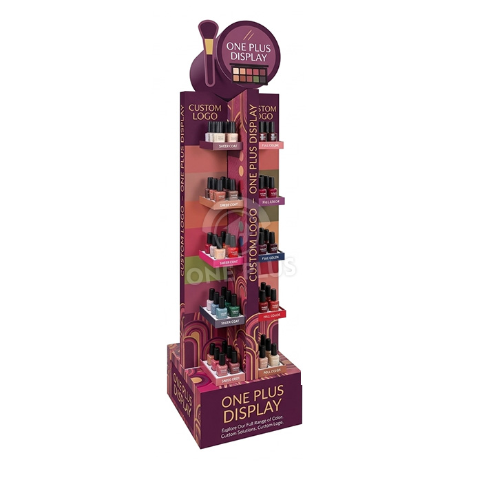Exhibidor de piso de cartón personalizado de 5 niveles y 4 lados para esmalte de uñas y laca | Exhibidor de piso minorista con visibilidad de 360° SKU-202604201339