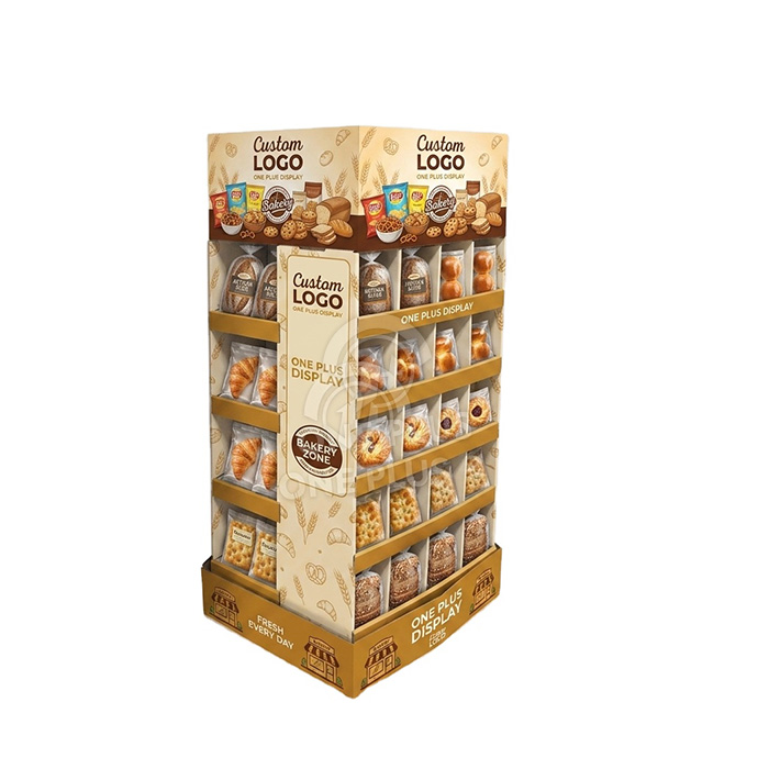 Exhibición de piso de cartón semi-paleta personalizada de 4 lados para panadería y bocadillos a granel | Torre minorista profesional SKU-202604211637-BAKE