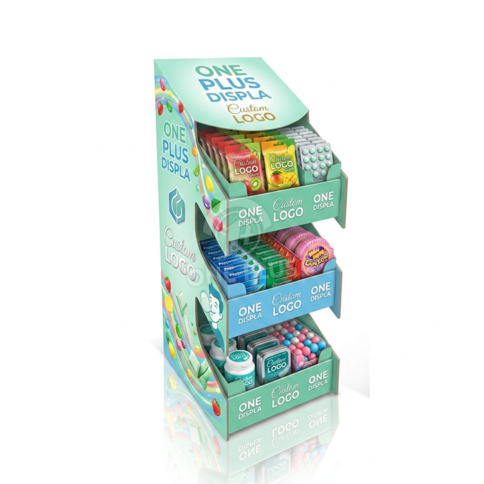 껌, 민트 및 소형 제과용 맞춤형 3단 골판지 플로어 디스플레이 | 생생한 소매 상품 진열대 SKU-202604211736-GUM