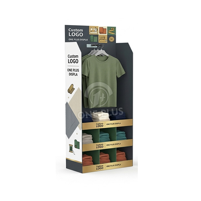 Mukautettu pahvinen vaateteline ripustuskoukuilla ja taitettavilla lokeroilla | Monipuolinen vähittäiskaupan vaateteline SKU-202604221435-CLTH