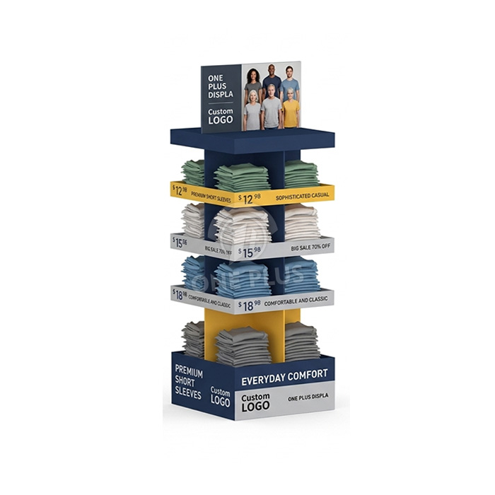 4-puolinen räätälöity pahvinen lattiateline taitetuille vaatteille ja t-paidoille | 4-tasoinen vähittäiskaupan saarekemainosteline SKU-202604221702-TXTL