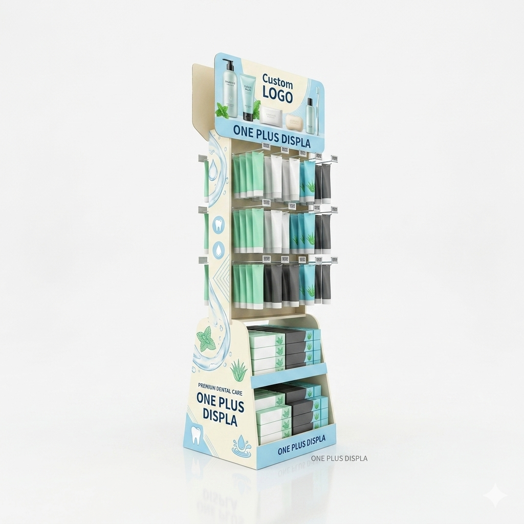 双面定制纸板落地展示架，适用于护肤品和口腔护理 | 多功能挂板和货架促销架 SKU-202604231706-DUAL