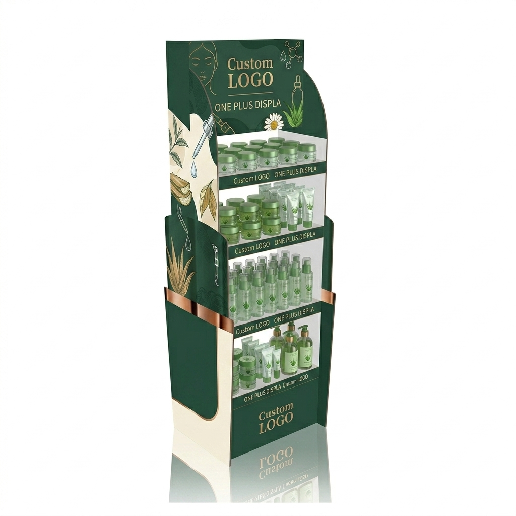 芦荟和植物护肤品 4 层定制纸板落地展示架 | 环保零售陈列架 SKU-202604241359-ALOE
