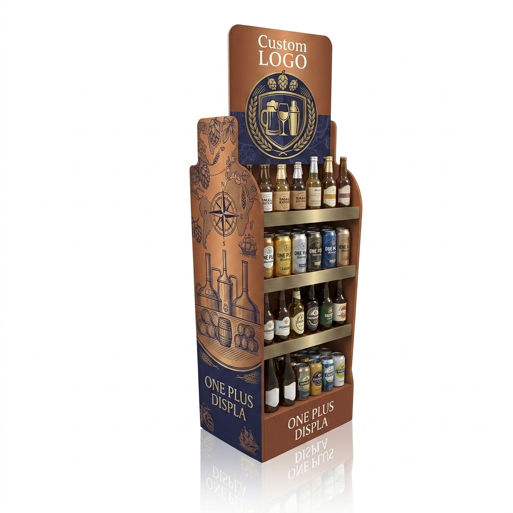 4层定制纸板落地展示架，适用于啤酒、葡萄酒和烈酒 | 重型饮料零售促销架 SKU-202604241550-BEER
