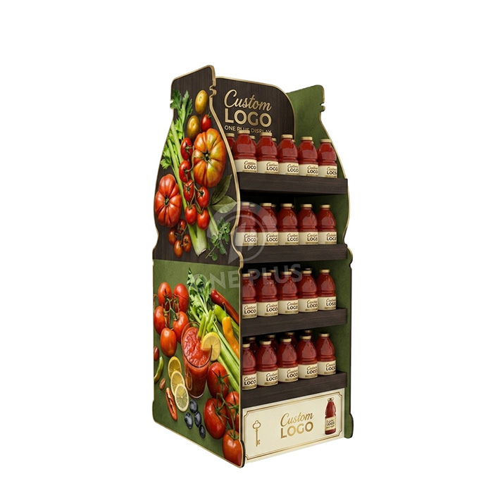 4层定制重型落地展示架，适用于番茄汁和瓶装饮料 | 高可见度零售促销架 SKU-202604251446-TOMATO