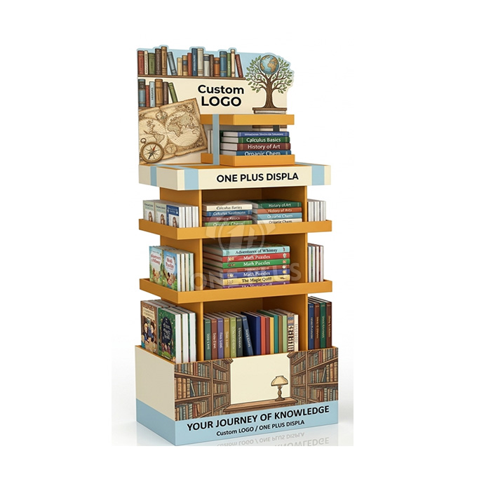 4-poziomowy niestandardowy kartonowy stojak podłogowy na książki i literaturę | Wytrzymały stojak detaliczny na książki SKU-202604281350-BOOK